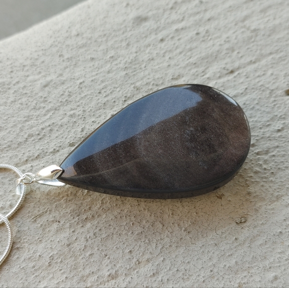 Large Black Obsidion Gemstone Pendant (2.5") -  w/ 925 Silver Overlay Chain - Picture 6 of 14